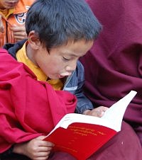 Un joven novice está leendo su nuevo libro tibetano, donación por Adopte un Libro de Dharma, foto de Ed Palmer.
		